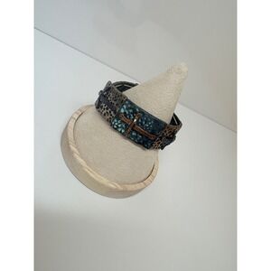 Mixed Metal Verdigris Cross Stretch Panel Bracelet Turquoise Bronze Hammered